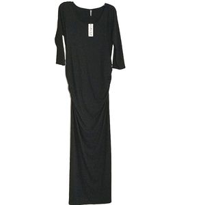 NWT Mother Bee Maternity Black 3/4 sleeve bodycon knit ruched maxi dress sz M